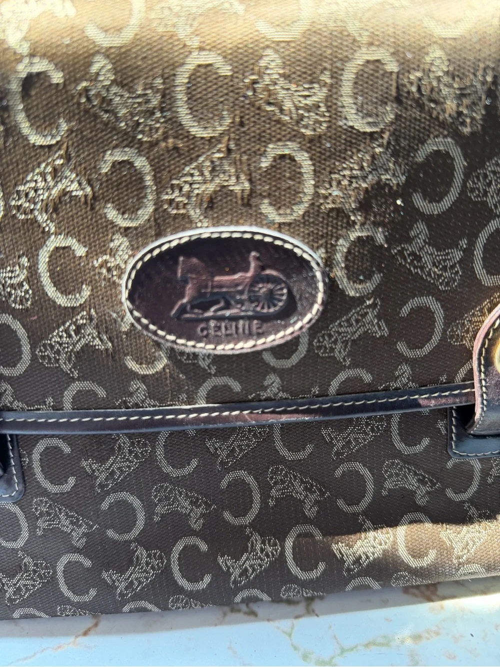 Vintage Celine C Macadam Monogram Horse & Carriage Top Handle Flap Bag - Brown